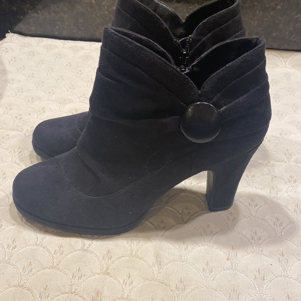 BOGO Rampage Black Suede Ankle Boots with Button Accent